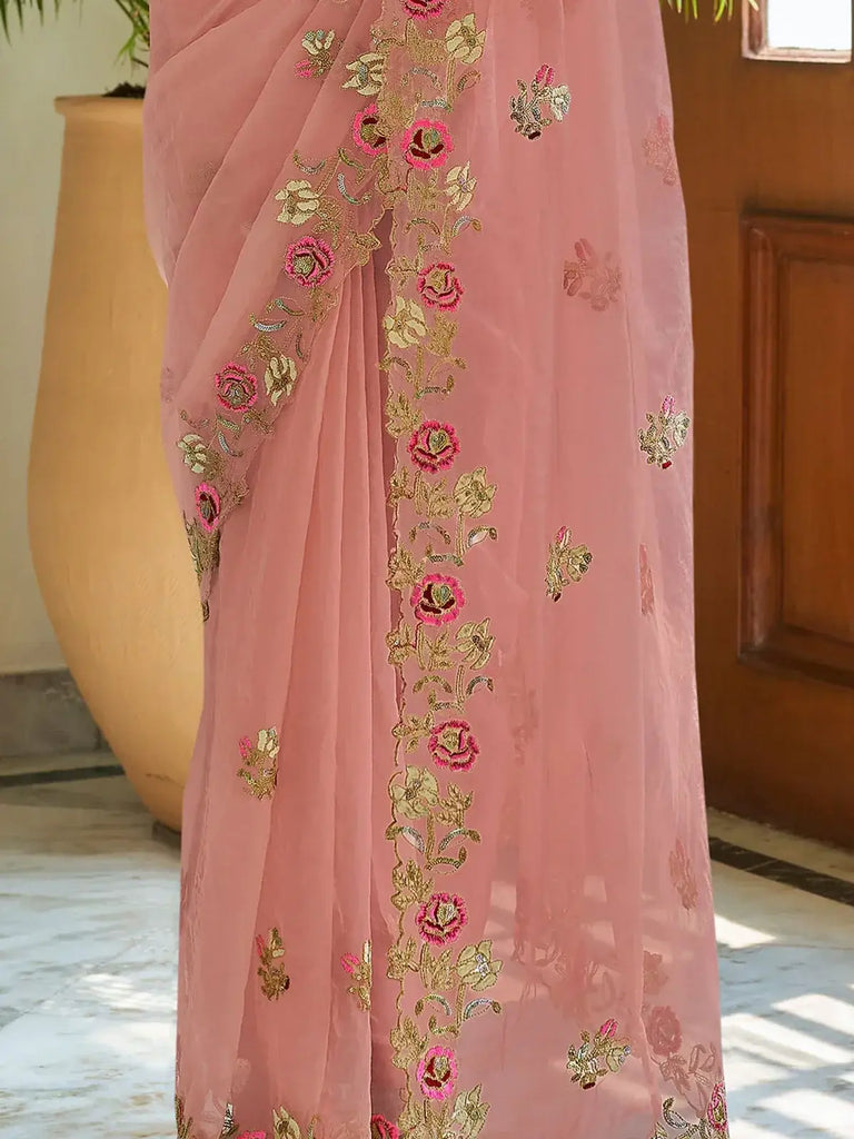 Enthralling Peach Sequins Organza Engagement Wear Saree With Blouse