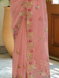 Enthralling Peach Sequins Organza Engagement Wear Saree With Blouse