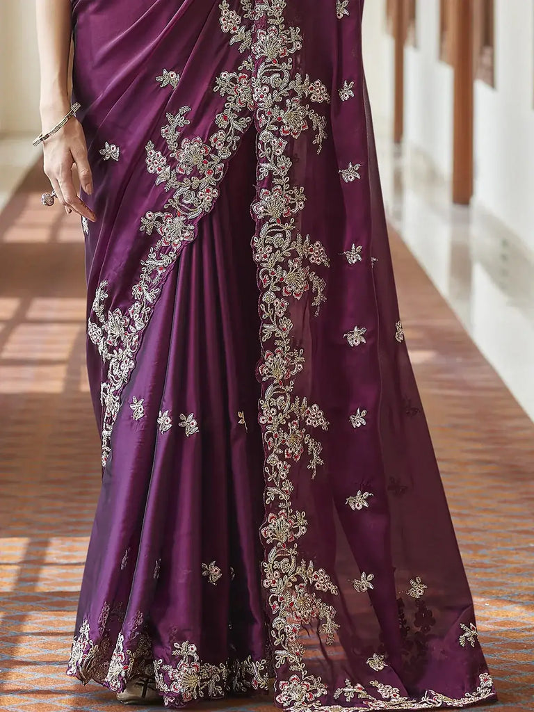 Attractive Purple Dori Work Crepe Engagement Wear Saree With Blouse