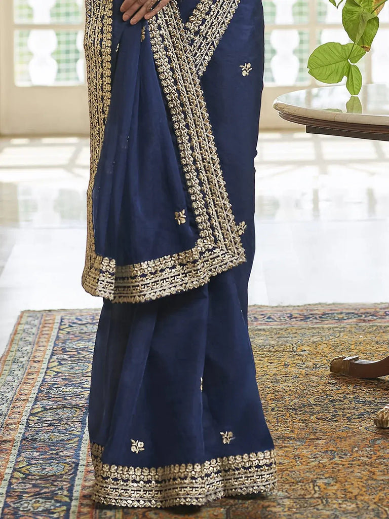 Sweet Navy Blue Zari Work Organza Party Wear Saree With Blouse