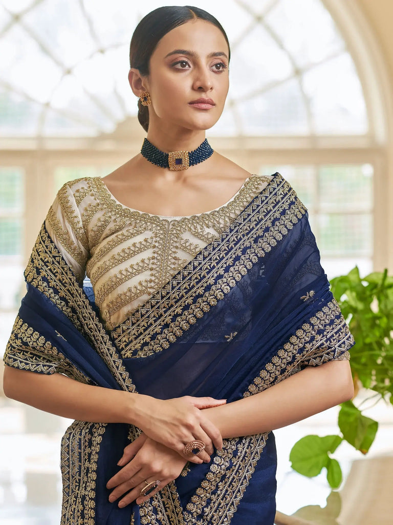 Sweet Navy Blue Zari Work Organza Party Wear Saree With Blouse