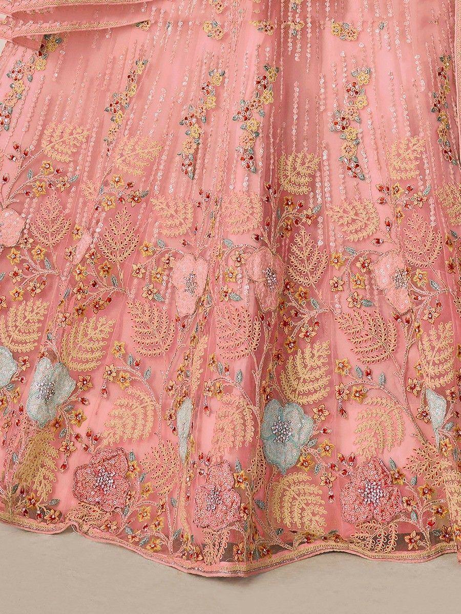 Pink designer lehenga with floral embroidery and sequin detailing for ethnic wear