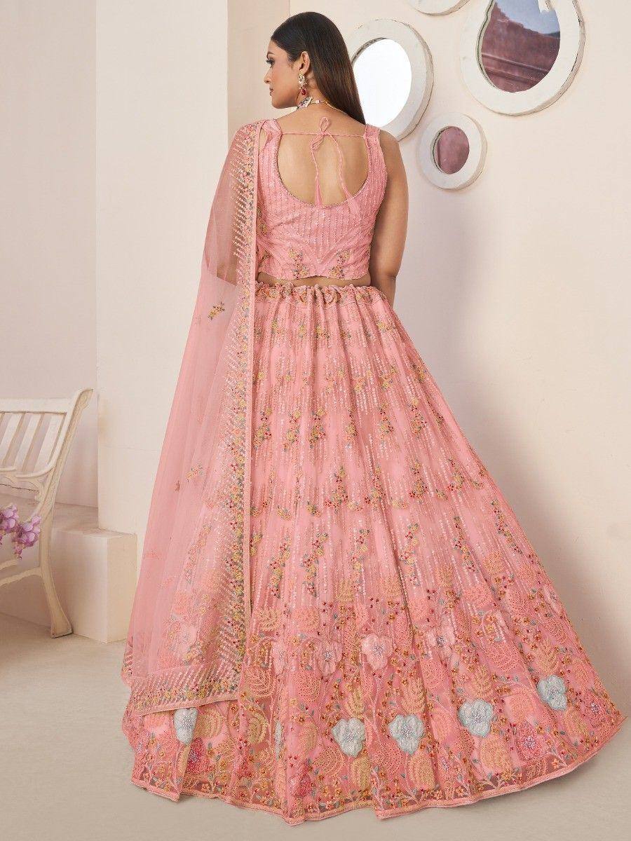 Pink floral embroidered lehenga choli with back tie blouse and dupatta, ethnic Indian wear