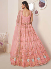 Charming Pink Thread Work Net Engagement Wear Lehenga Choli