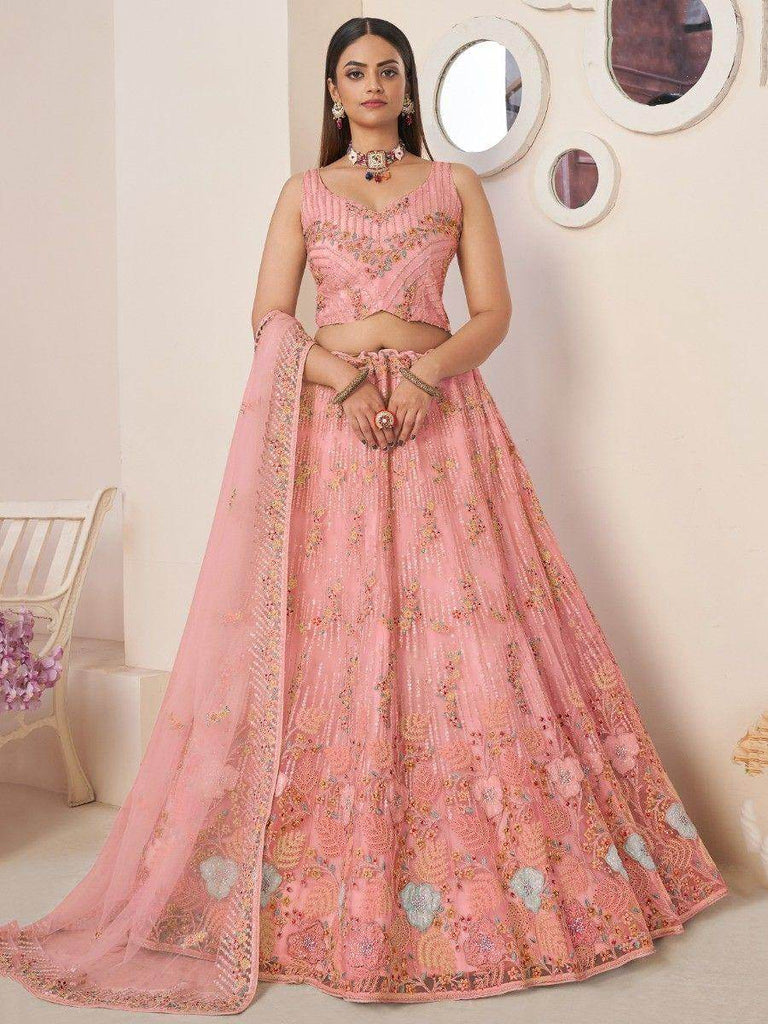 Charming Pink Thread Work Net Engagement Wear Lehenga Choli