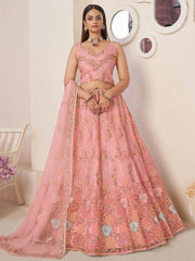 Charming Pink Thread Work Net Engagement Wear Lehenga Choli