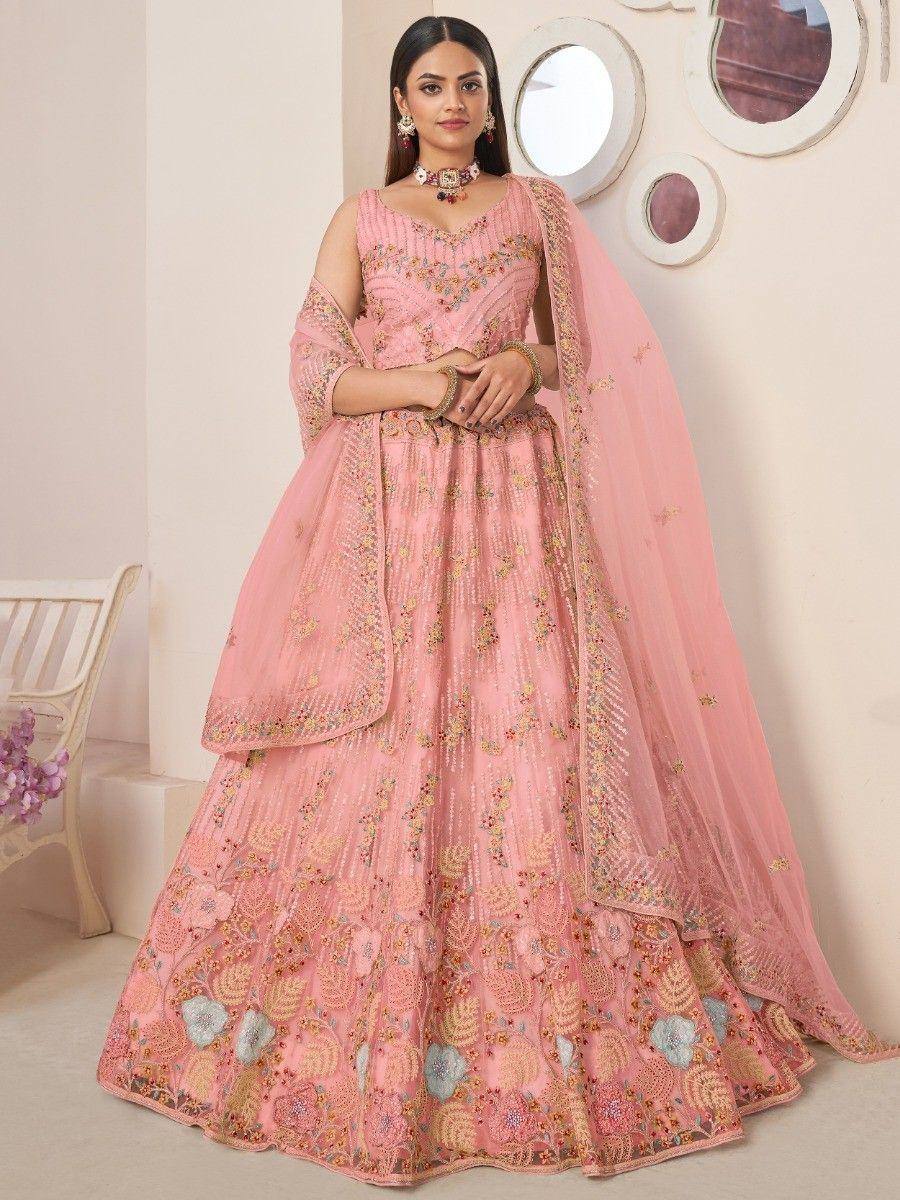 Pink floral embroidered lehenga choli with dupatta, perfect for Indian weddings and festive occasions