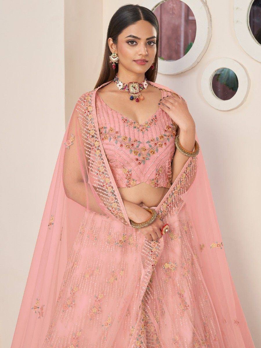 Pink floral embroidered lehenga choli with sheer dupatta, perfect for Indian ethnic occasions