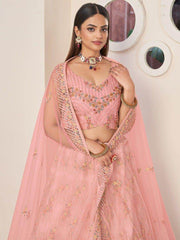 Charming Pink Thread Work Net Engagement Wear Lehenga Choli