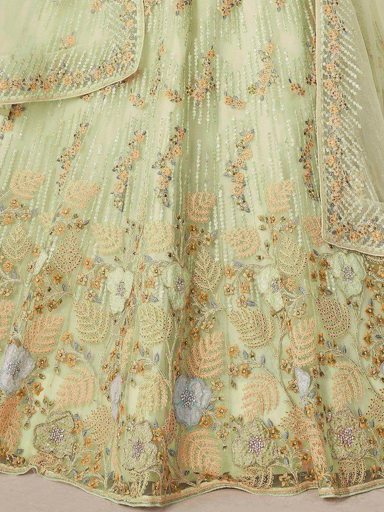 Entrancing Sea Green Sequins Net Mehendi Wear Lehenga Choli