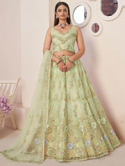 Entrancing Sea Green Sequins Net Mehendi Wear Lehenga Choli