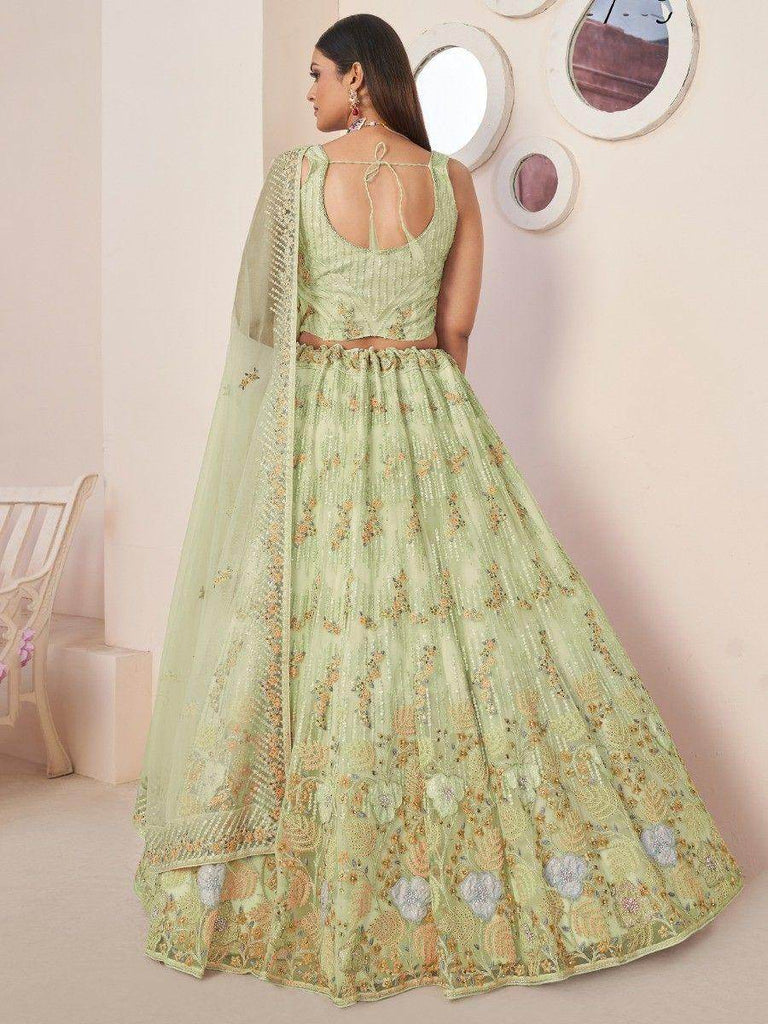 Entrancing Sea Green Sequins Net Mehendi Wear Lehenga Choli