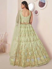 Entrancing Sea Green Sequins Net Mehendi Wear Lehenga Choli