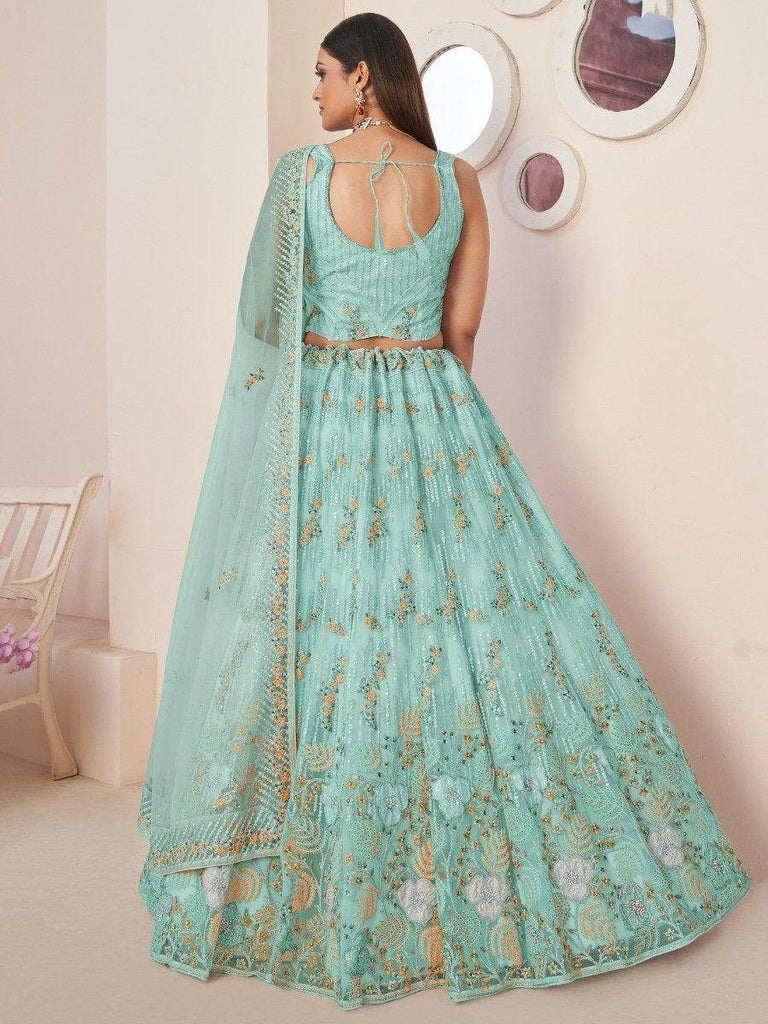 Magnetic Sky-Blue Sequins Net Sangeet Wear Lehenga Choli