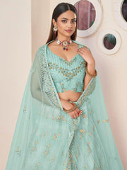 Magnetic Sky-Blue Sequins Net Sangeet Wear Lehenga Choli