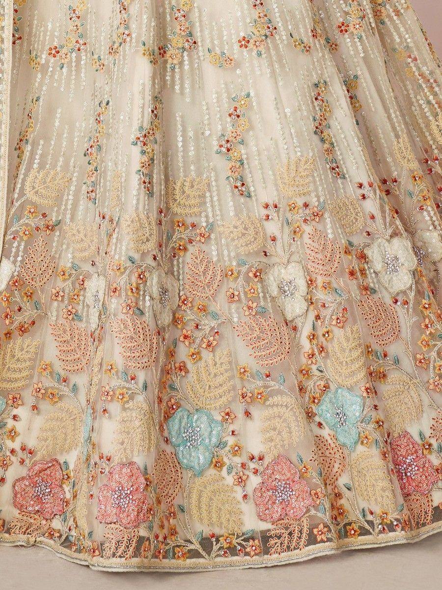 Elegant floral embroidered lehenga with pastel blooms and sequin detailing, perfect for Indian ethnic wear.