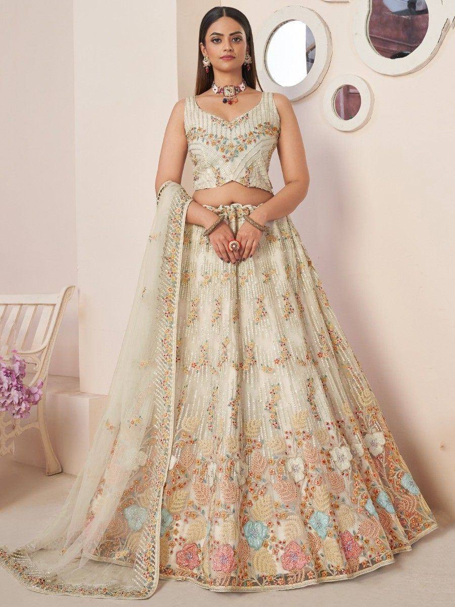Elegant floral embroidered lehenga choli with matching dupatta, perfect for Indian weddings and festive occasions.