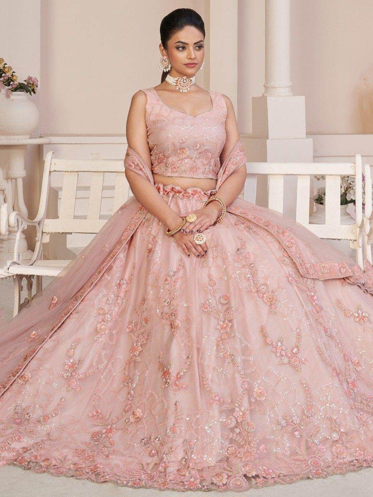 Attractive Pink Sequins Net Wedding Lehenga Choli With Dupatta