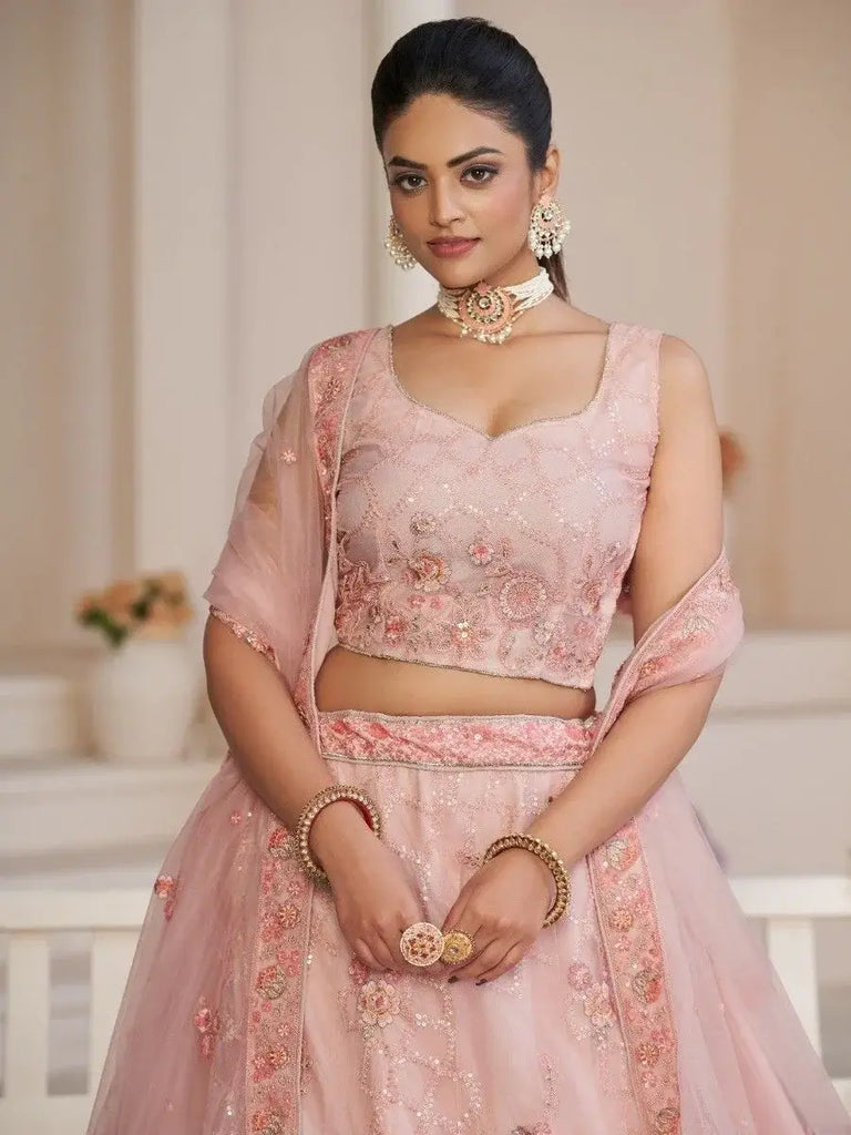 Attractive Pink Sequins Net Wedding Lehenga Choli With Dupatta