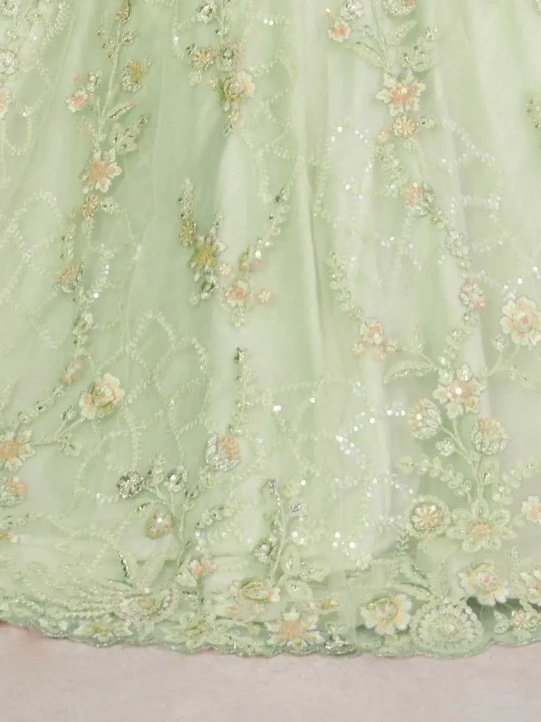 Alluring Pista Green Sequins Net Lehenga Choli With Dupatta