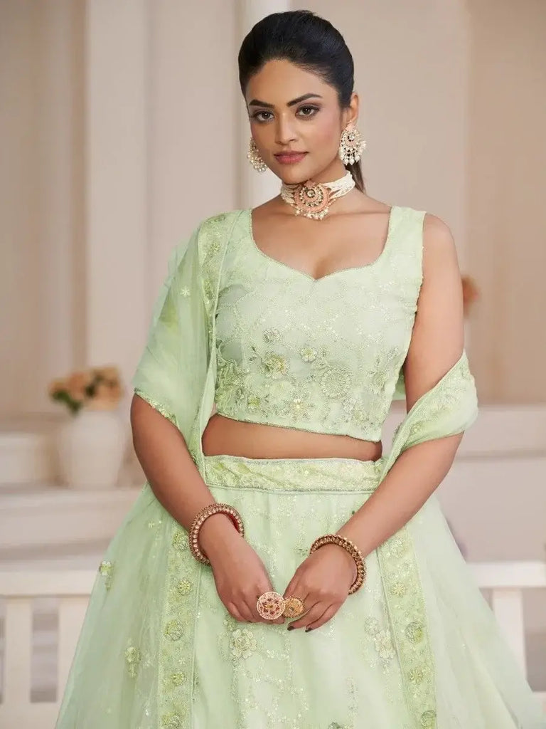 Alluring Pista Green Sequins Net Lehenga Choli With Dupatta