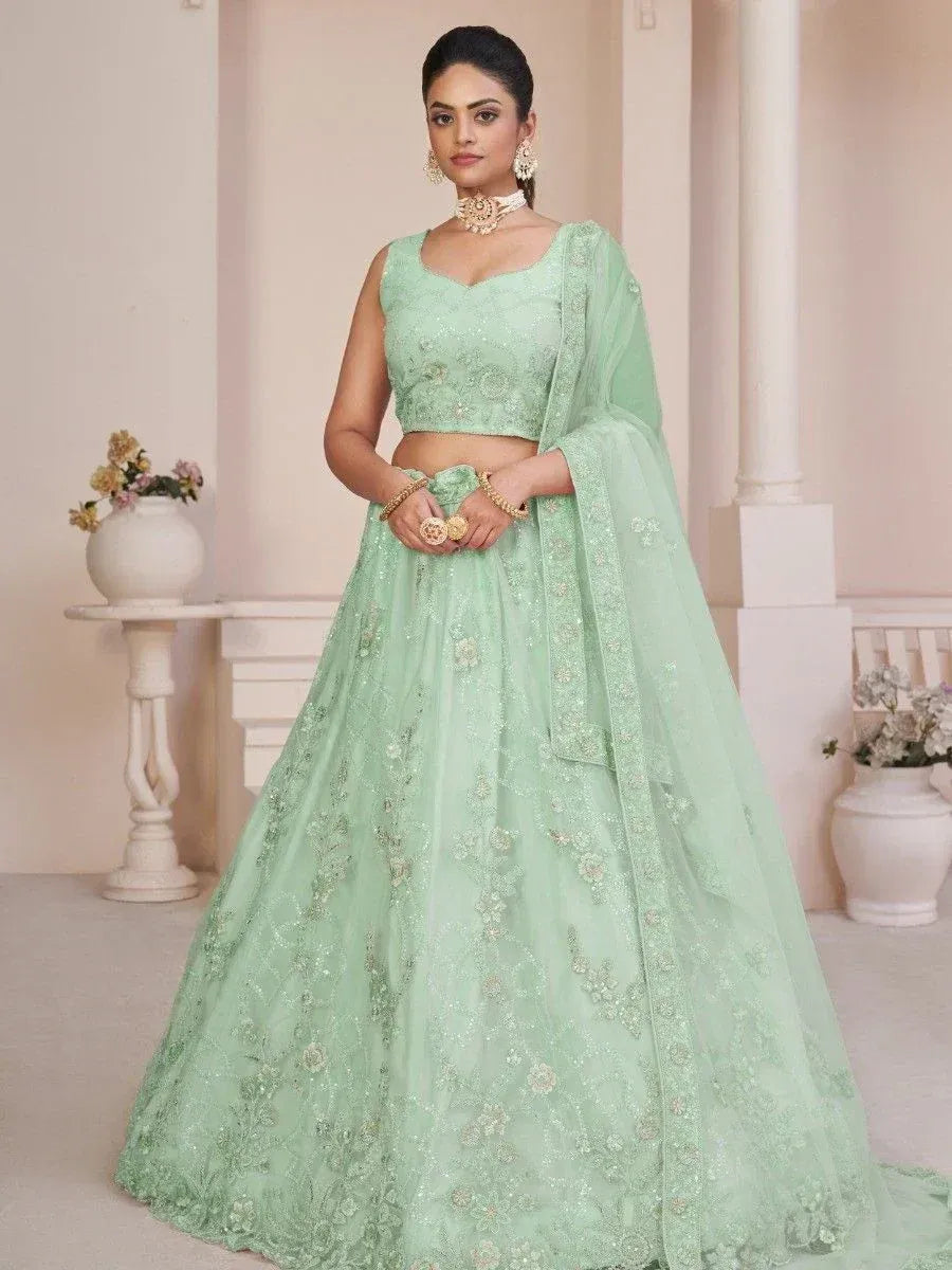 Mint green embroidered lehenga choli with dupatta, perfect for Indian weddings and festive occasions