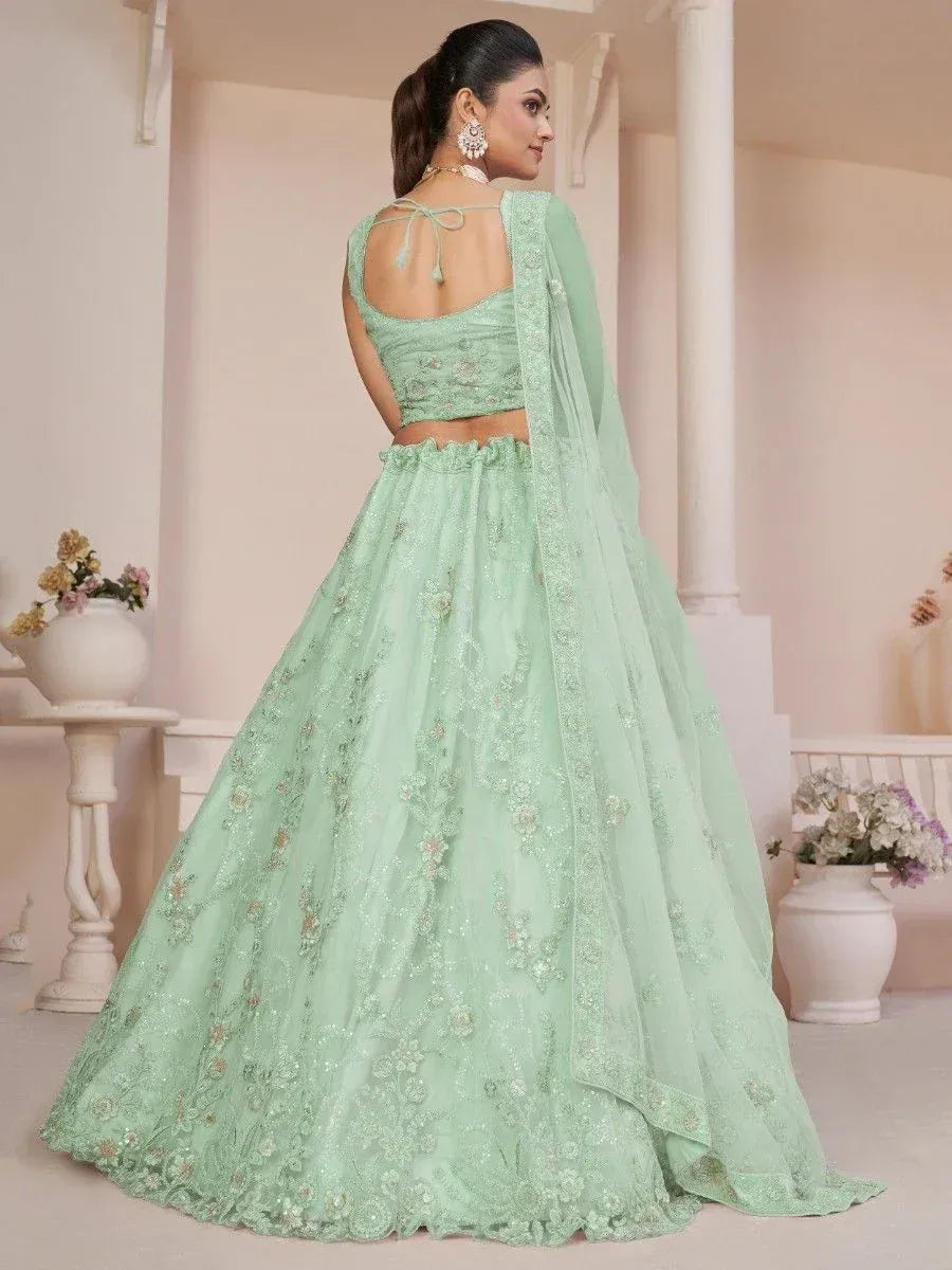 Mint green embroidered lehenga choli with back tie blouse and dupatta, Indian ethnic wear