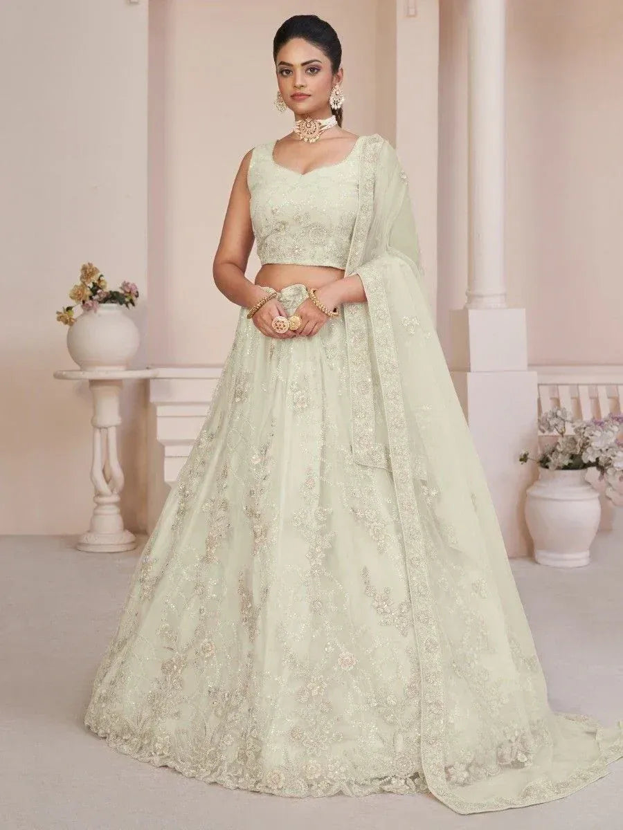 Mint green embroidered lehenga choli with dupatta, perfect for Indian weddings and festive occasions