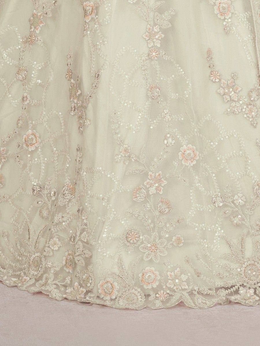 Cream floral embroidered lehenga with sequin detailing, perfect for Indian ethnic wear