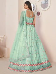 Gorgeous Turquoise Thread Work Net Lehenga Choli With Dupatta