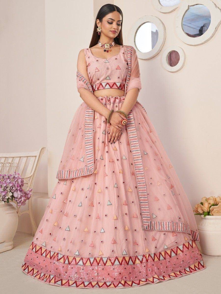 Pink designer lehenga choli with geometric embroidery, perfect for Indian ethnic wear events
