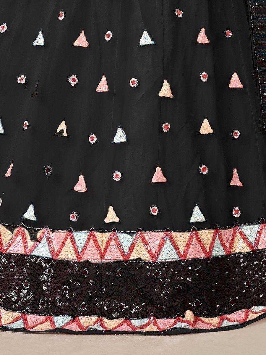 Black ethnic gown with colorful geometric embroidery and sequin border detail