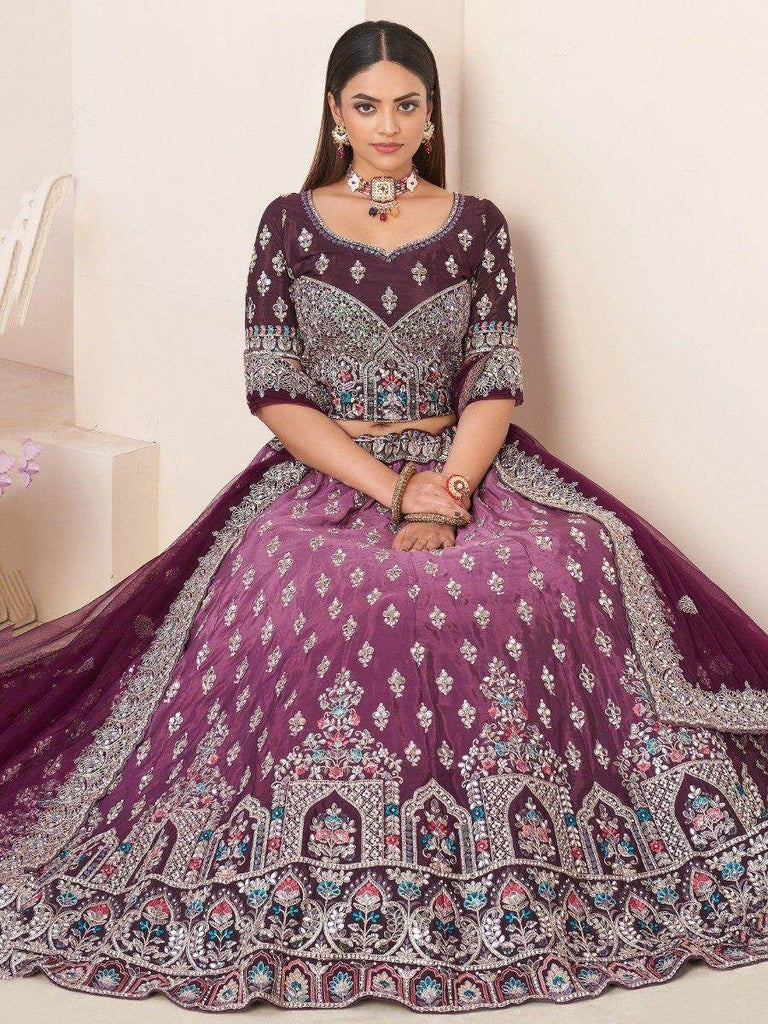Lovable Wine Thread Work Satin Wedding Wear Lehenga Choli