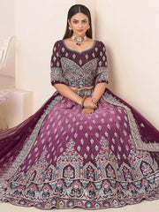 Lovable Wine Thread Work Satin Wedding Wear Lehenga Choli
