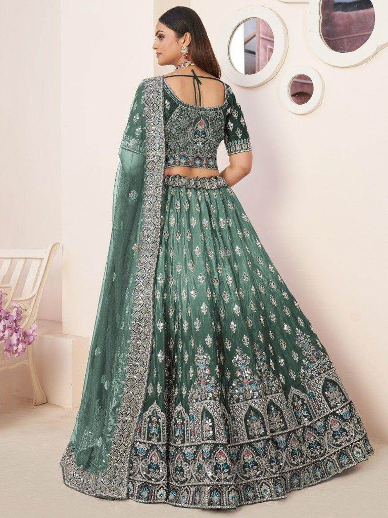 Marvelous Green Thread Work Satin Mehendi Wear Lehenga Choli
