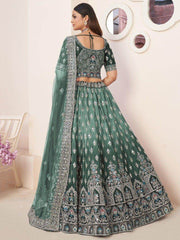 Marvelous Green Thread Work Satin Mehendi Wear Lehenga Choli