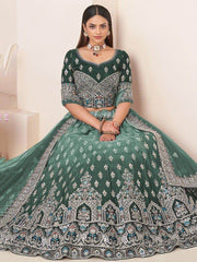 Marvelous Green Thread Work Satin Mehendi Wear Lehenga Choli