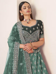 Marvelous Green Thread Work Satin Mehendi Wear Lehenga Choli