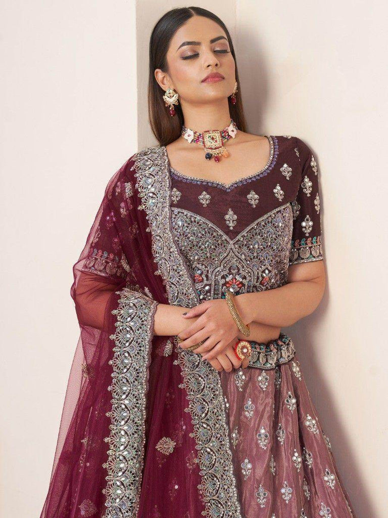 Beautiful Maroon Stone Work Satin Designer Lehenga Choli
