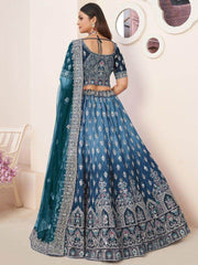 Attractive Blue Thread Work Satin Lehenga Choli With Dupatta