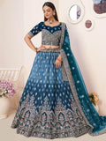 Attractive Blue Thread Work Satin Lehenga Choli With Dupatta