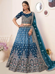 Attractive Blue Thread Work Satin Lehenga Choli With Dupatta