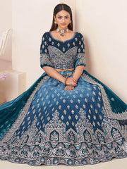 Attractive Blue Thread Work Satin Lehenga Choli With Dupatta