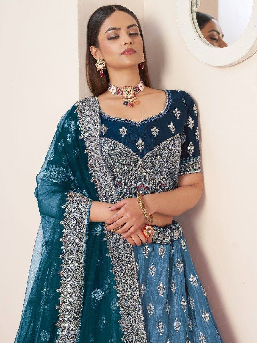 Elegant blue embroidered lehenga choli with matching dupatta, perfect for Indian ethnic wear occasions