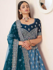 Attractive Blue Thread Work Satin Lehenga Choli With Dupatta