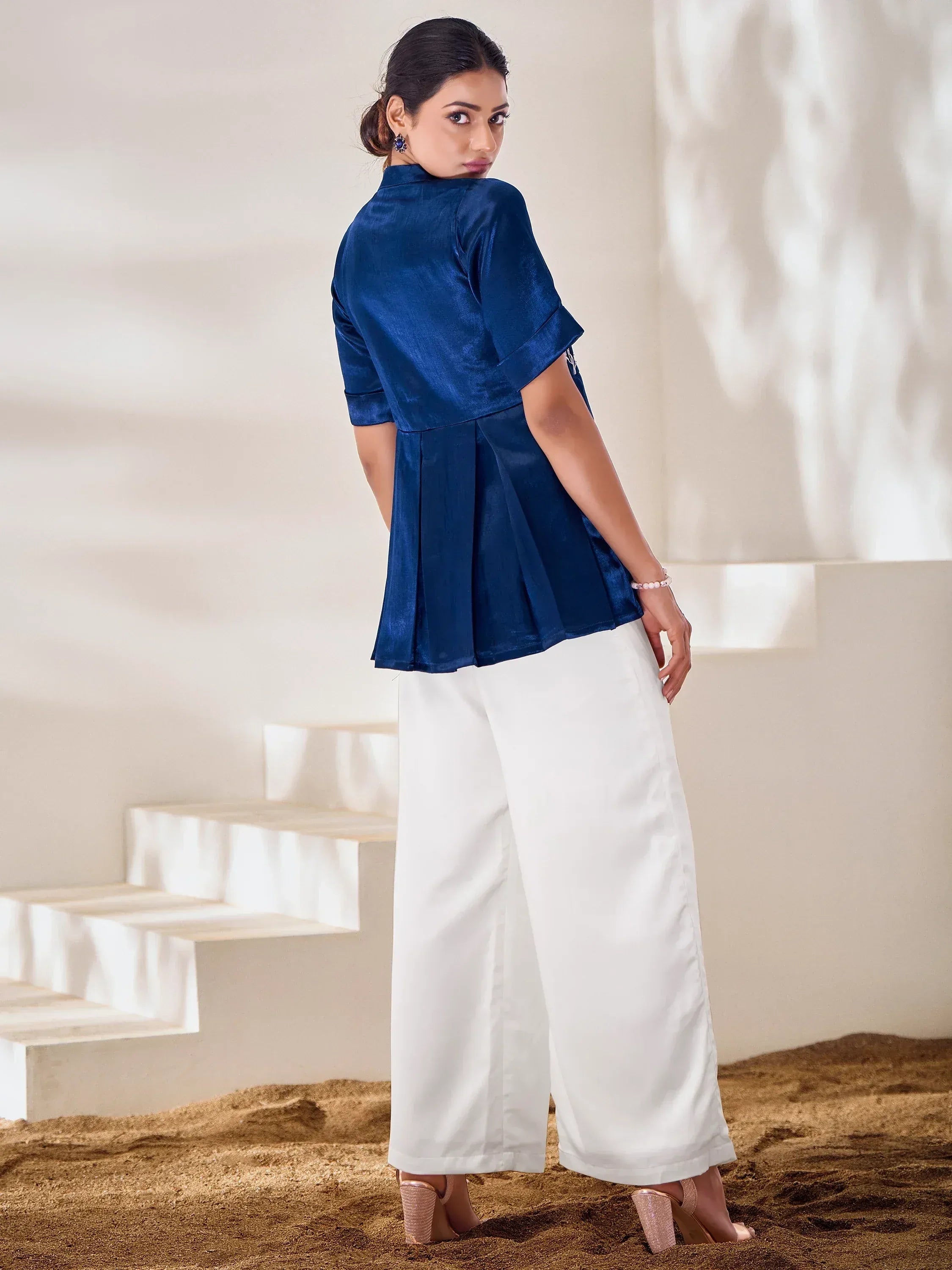 Blue velvet peplum top with white palazzo pants, ethnic wear for women