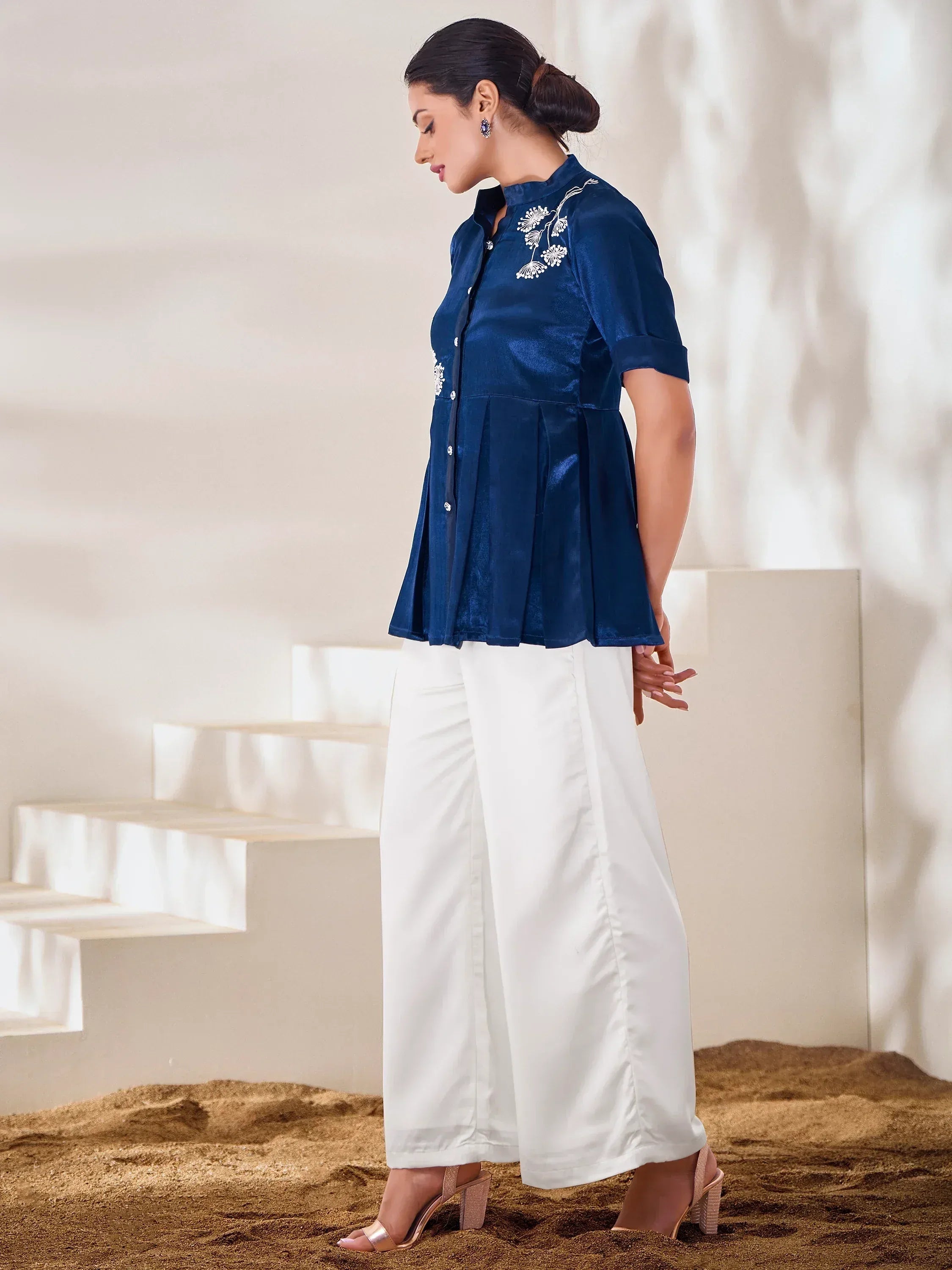 Blue embroidered peplum top with white palazzo pants, stylish ethnic wear for women