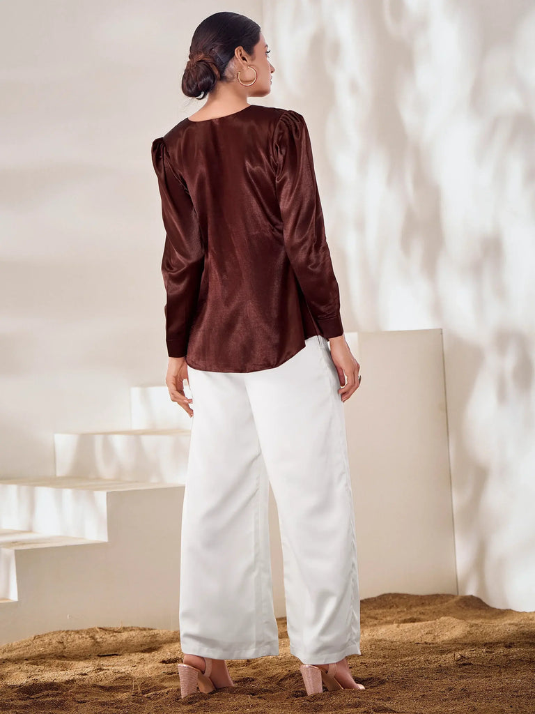 Mesmerizing Brown Hand Work Silk Party Wear Top