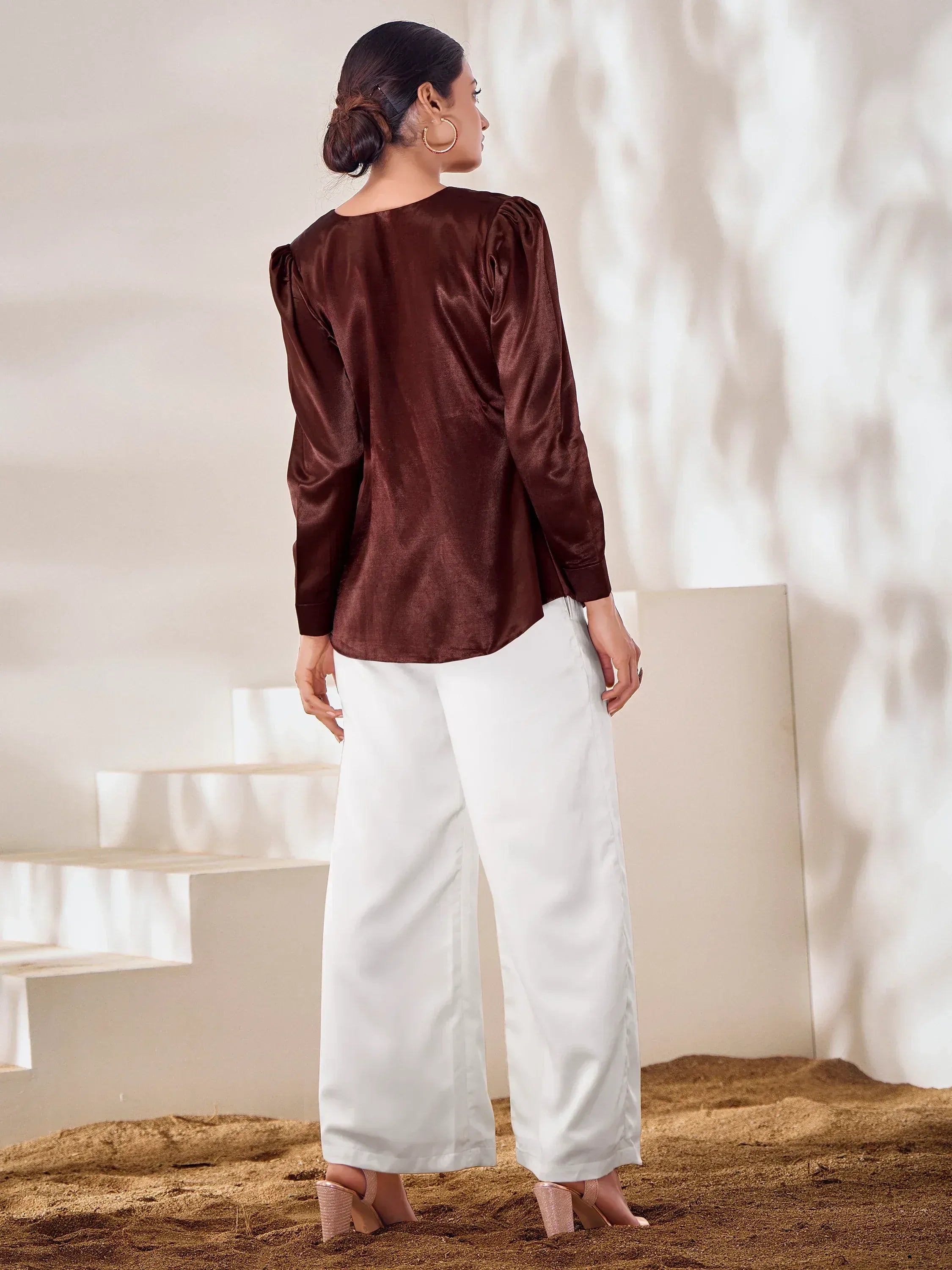 Brown satin blouse with white wide-leg pants, elegant ethnic wear for women