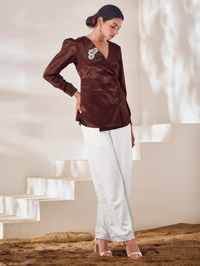 Mesmerizing Brown Hand Work Silk Party Wear Top
